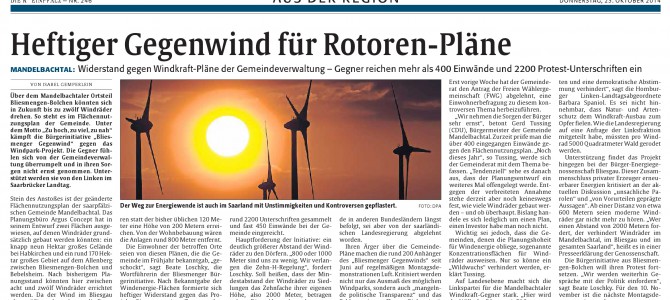 Über unseren Widerstand gegen die Windkraftpläne der Gemeinde wird auch im angrenzenden Rheinland Pfalz berichtet (aus RHEINPFALZ, erschienen am 23.10.2014)