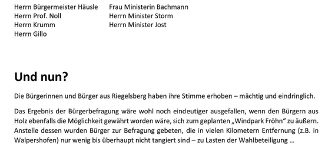 BI Fröhner Wald – Offener Brief an die beteiligten Politiker zum Ergebnis der Bürgerbefragung In Riegelsberg