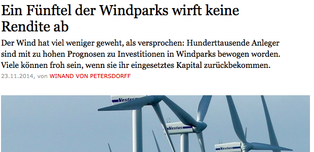 FAZ rät zur erhöhten Vorsicht bei Investitionen in Windparks – Bericht vom 25.11.2014