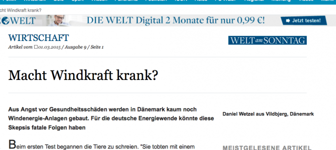 Macht Windkraft krank? Dänen ziehen WEA-Reißleine. Artikel aus „Die Welt“ vom 01.03.2015