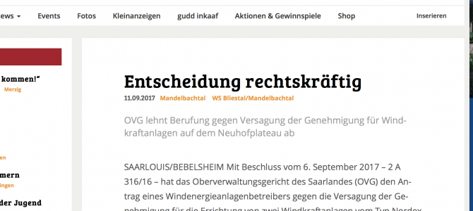 Nun wohl endgültig: Keine Genehmigung für Windkraftwerk auf dem Neuhofplateau in Mandelbachtal-Bebelsheim.