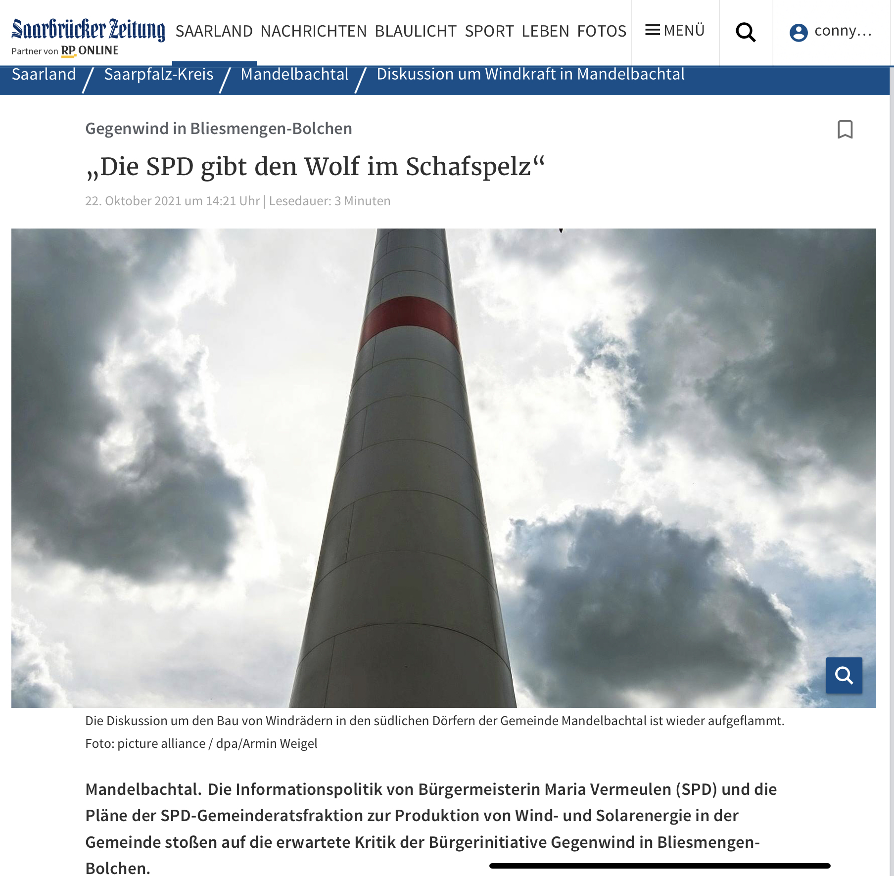 Bericht der Saarbrücker Zeitung zu unserer Pressemitteilung vom 21. 10. 2021