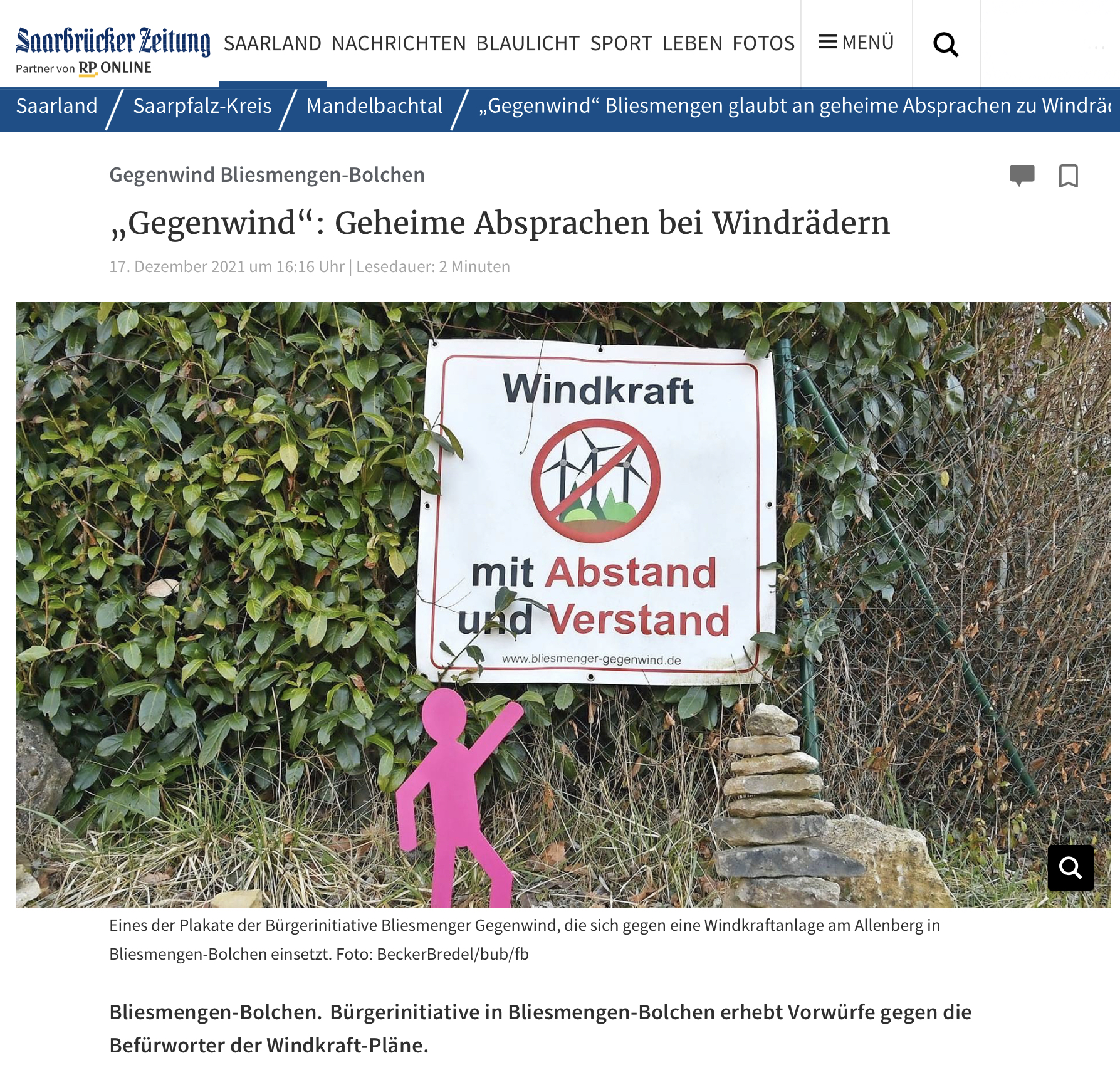 Und es gibt doch Verhandlungen zur Ansiedlungen von Windkraftwerken auf dem Allenberg. Bericht aus Saarbrücker Zeitung vom 17. 12. 2021