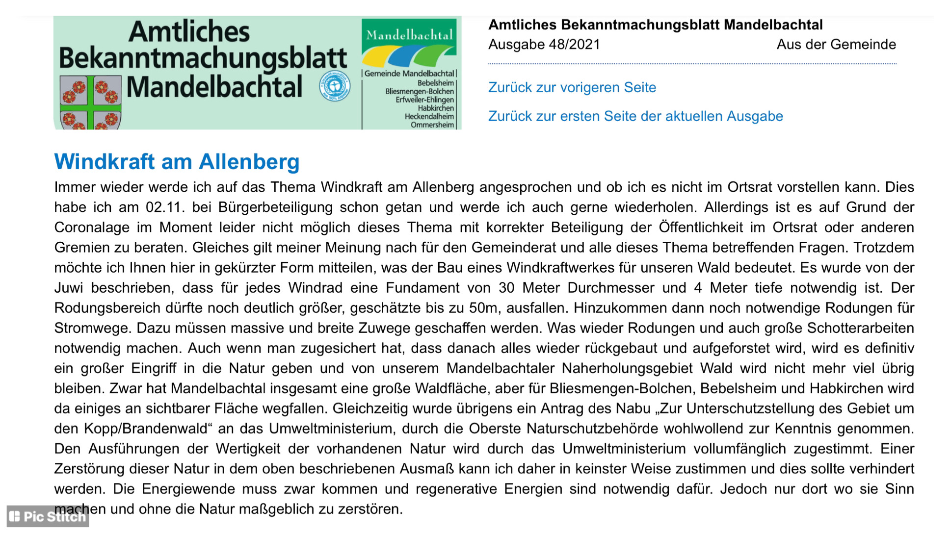 Der Ortsvorsteher von Bliesmengen-Bolchen – Timm Braun – informiert im aktuellen Amtsblatt der Gemeimde Mandelbachtal über die Windkraftwerkspläne auf dem Allenberg und nimmt Stellung dazu.