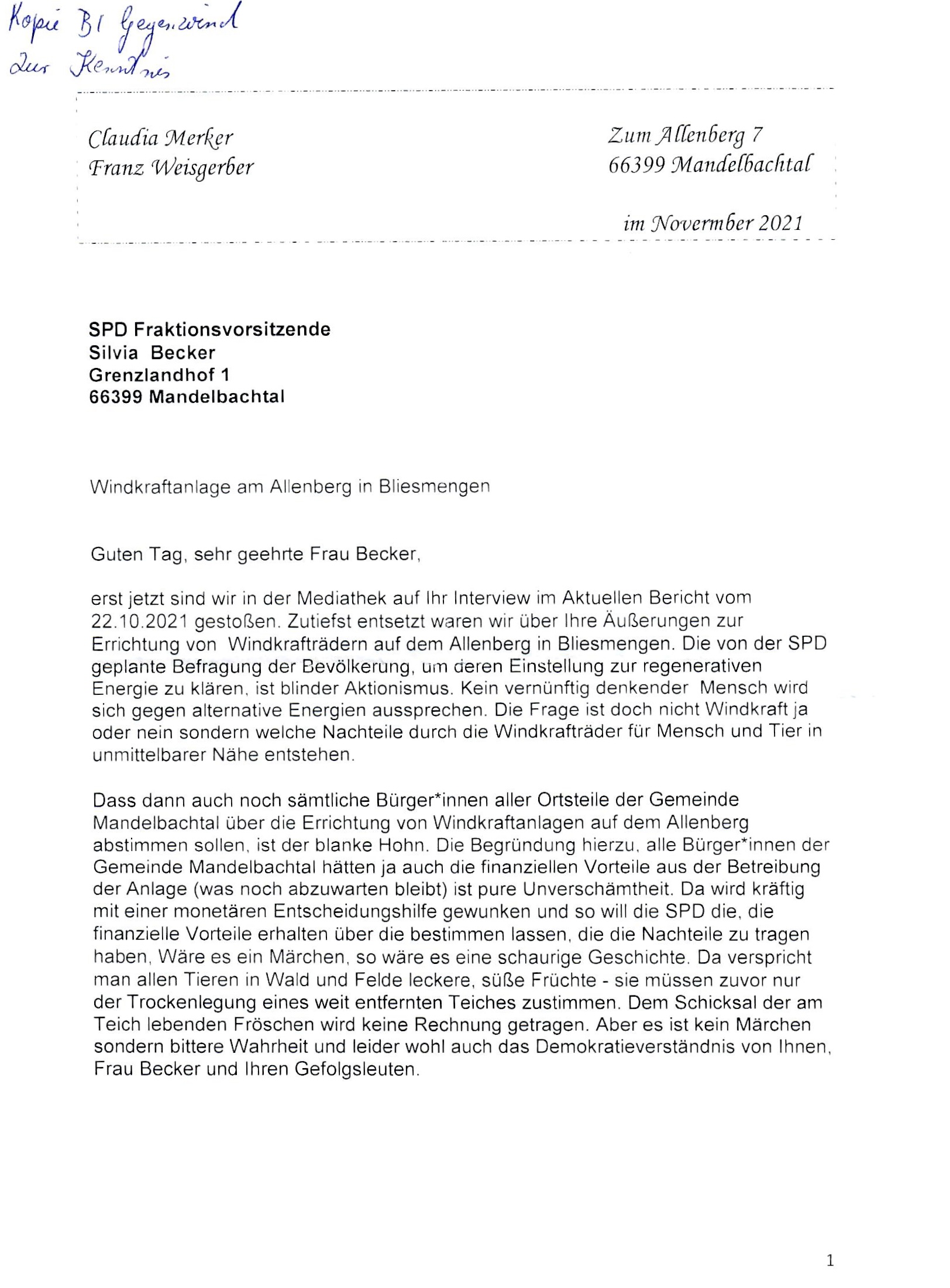 Offener Brief an die SPD Fraktionsvorsitzende im Gemeinderat zum Thema Windkraftwerke auf dem Allenberg.