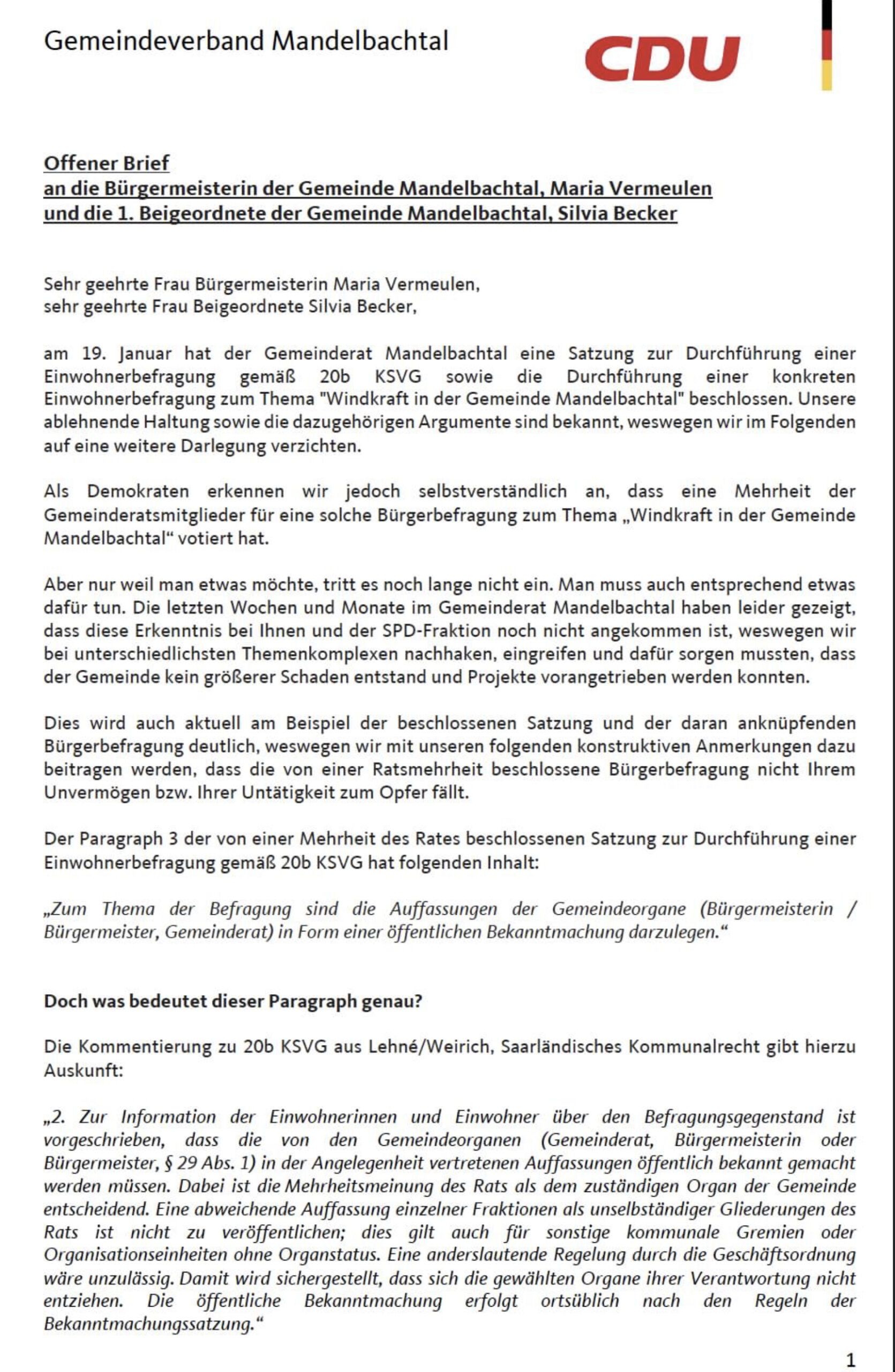 Offener Brief der CDU Madelbachtal bzgl. der Bürgerbefragung zum Thema Windkraft