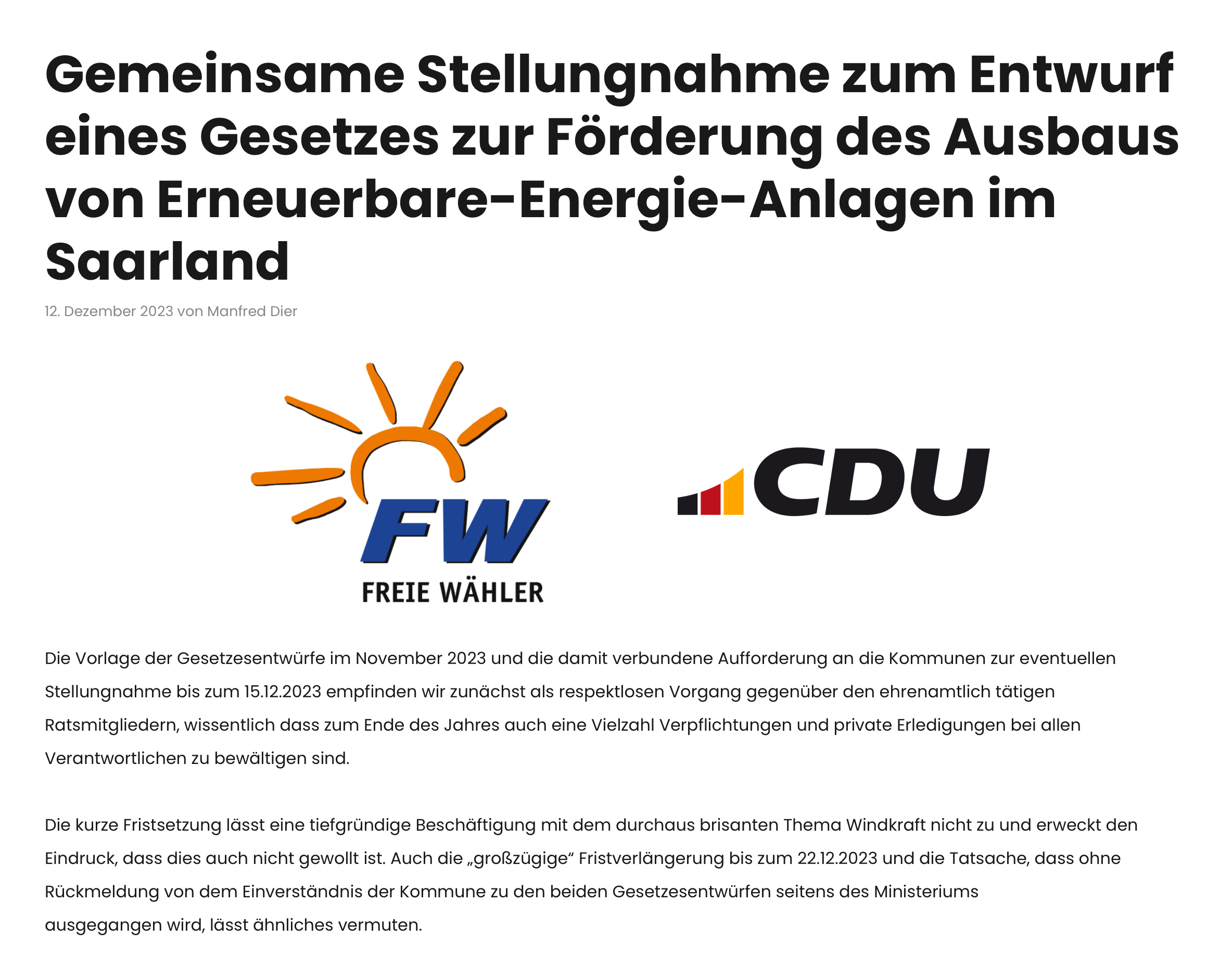 CDU + FWG formieren sich gegen die neuen Windkrafwerkspläne der Landesregierung im Mandelbachtal.